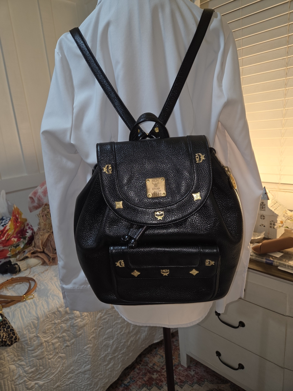 MCM Black Leather Logo Studded Backpack